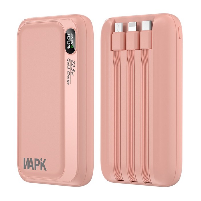 와피크 PD 22.5W 고속충전 일체형 보조배터리 M1 10000mAh 파워뱅크, 핑크