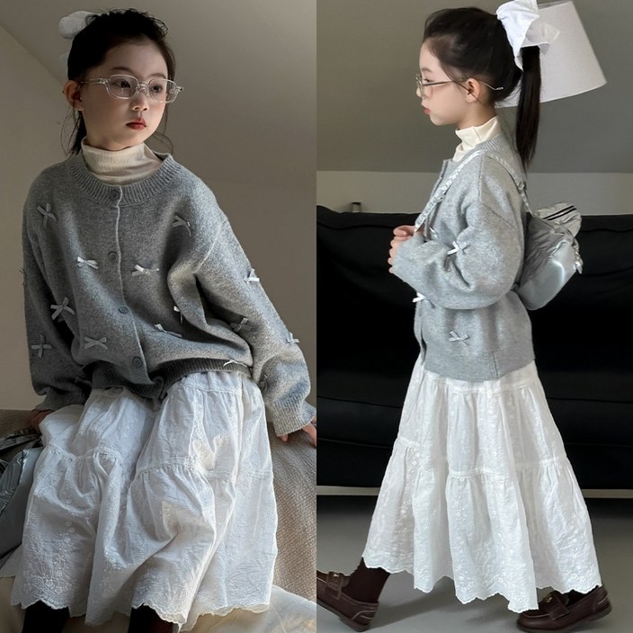 삐삐네옷가게 여아 키즈 소녀감성 그레이 리본 가디건