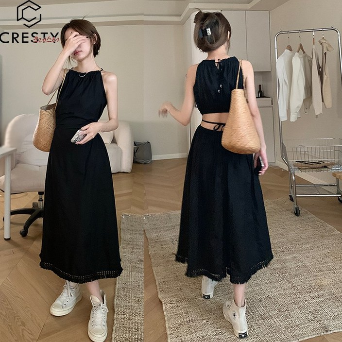 크레스티 슬림핏 A라인 뒷트임 롱원피스 홀터넥 캐주얼 셔링 여름 원피스