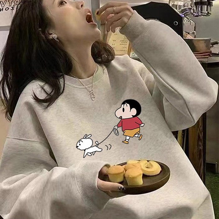 320g 420g 남녀공용 티셔츠 순면 짱구 흰둥이 커플티 캐릭터 프린팅 긴팔티셔츠 맨투맨