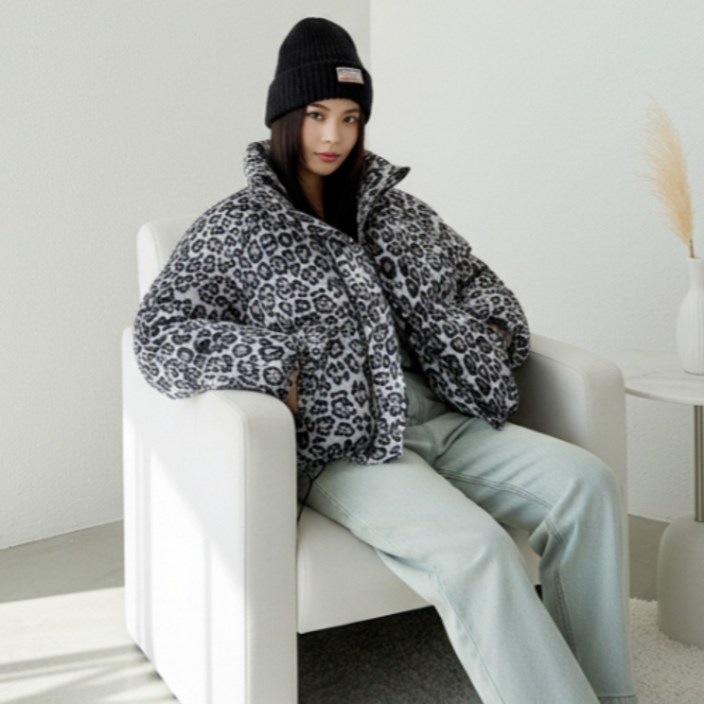 사라포유 호피무늬 후드 패딩 점퍼 루즈핏 집업자켓