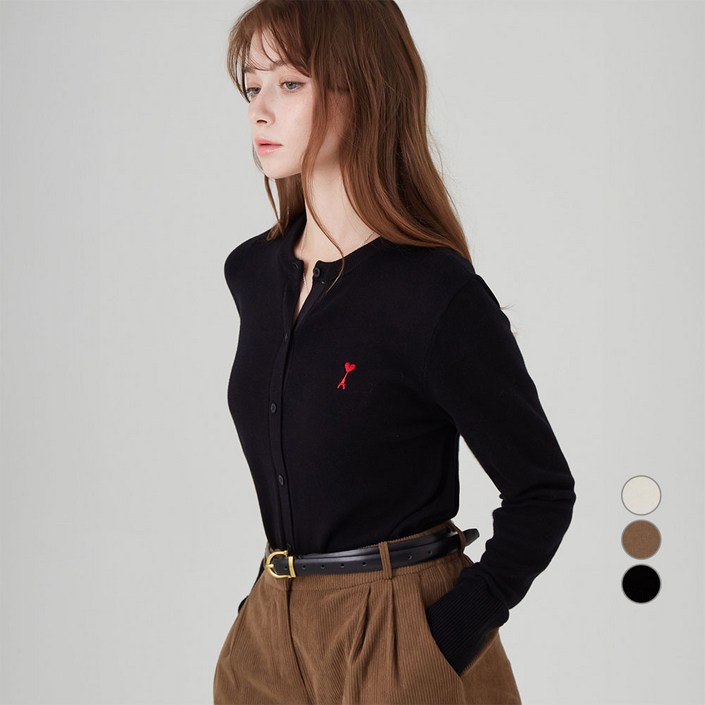 ELLE PARIS 여성용 로고 자수 라운드넥 기본 가디건