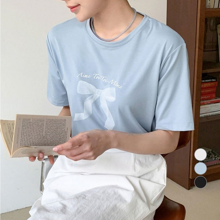 아피나르 여성용  레이온 찰랑 Ribbon 라운드넥 반팔 티셔츠