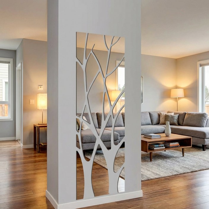 휘경일 3차원 거울 나뭇가지 3D 벽 스티커, 은색
