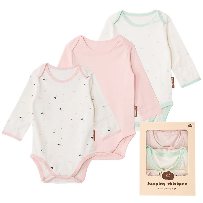 점핑칙피 유아용 특양면 바디수트 긴팔 3p