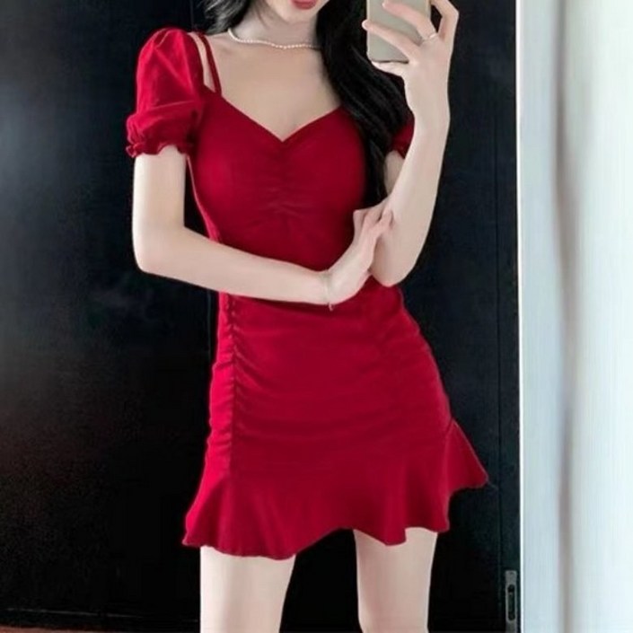 아이엠몽 여성용 케르시 오프숄더 슬림 반팔 미니 원피스