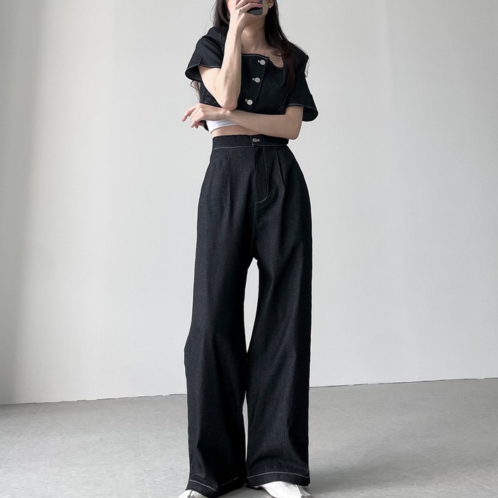 페이퍼먼츠 스퀘어넥 크롭 자켓 + 핀턱 팬츠 캐주얼 세트 10821