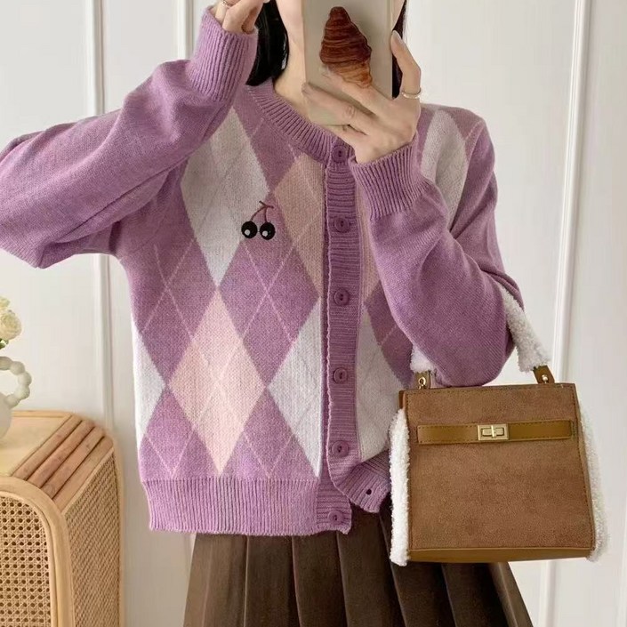 마켓에이 여성용 아가일 체리 긴팔 가디건 M2630017