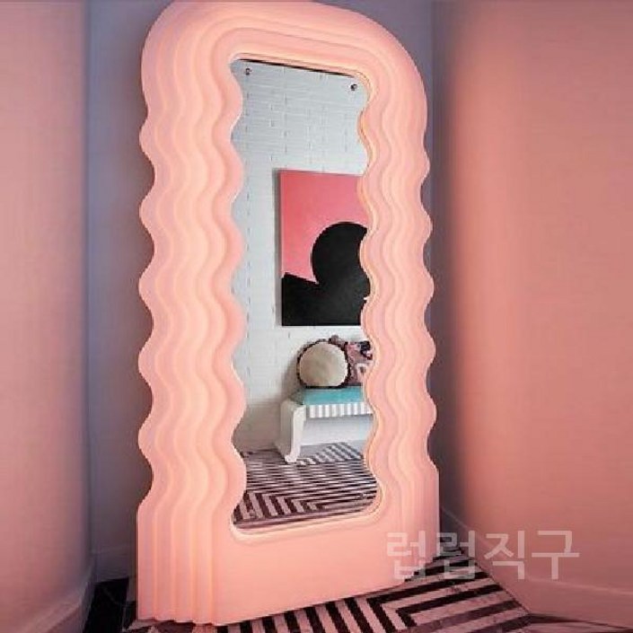 대형 전신 거울 물결 파도 모양 럭셔리 거울 미러 스탠드 카페 옷가게 피팅 룸, 1. 오리지널 핑크 듀얼 라이트 100x13x195cm
