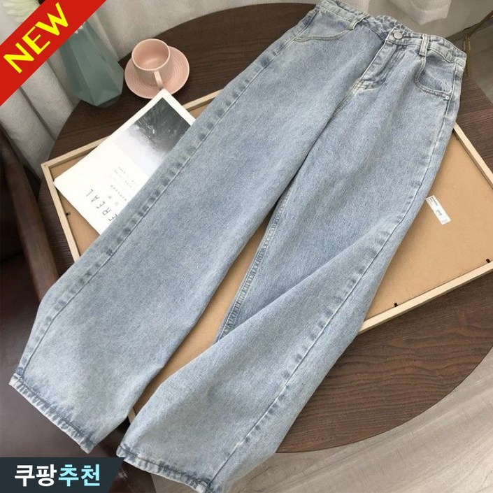 완전 편한 100kg까지 여성용 빈티지 일자 와이드 청바지 신상 추천 빅사이즈 오버핏 통바지 블루 연청바지 학생 하이웨이스트 큰옷 여성의류 xl4 데일리 여성 롱 데님 팬츠