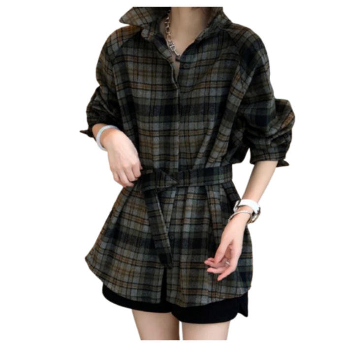 아이에스디 여성용 여리핏 브이넥 기모 체크 셔츠원피스
