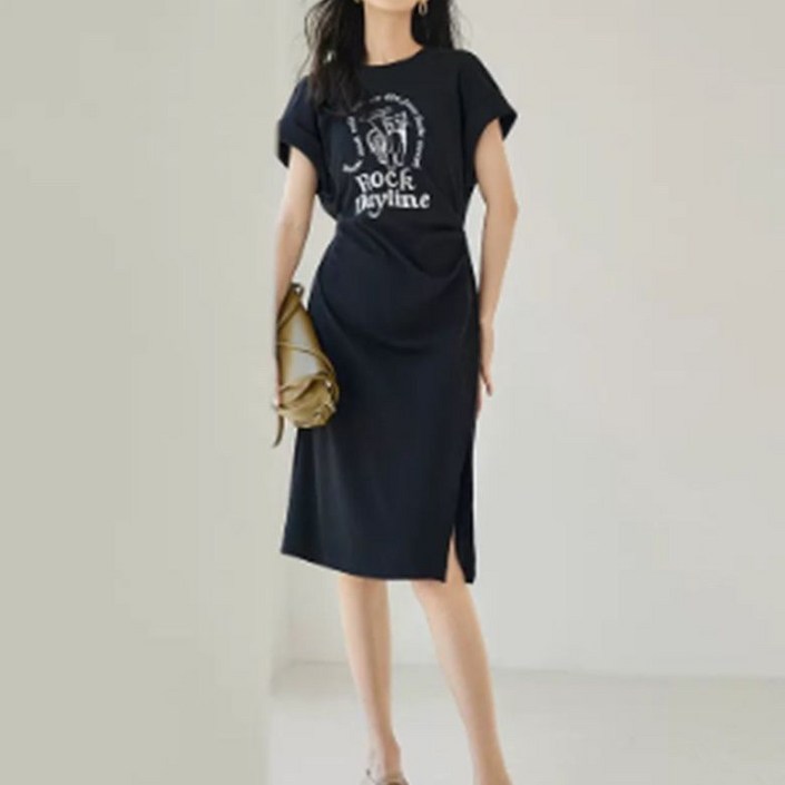 여름 여성 미디 원피스 반팔 슬림핏 캐주얼 원피스 간편한 코튼 원단 사이드 슬릿 디자인 JS