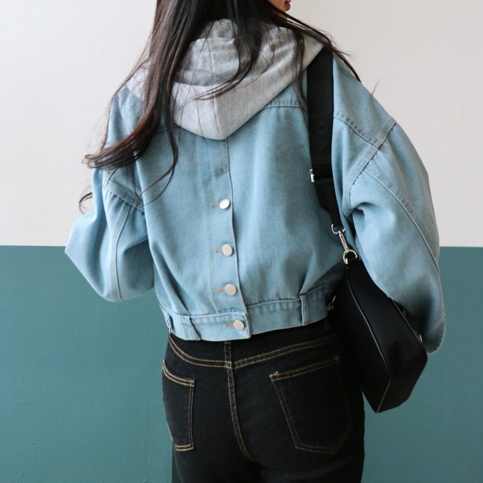 메리앤유 코튼 후드 탈부착 뒷버튼 청 데님 자켓 오버핏