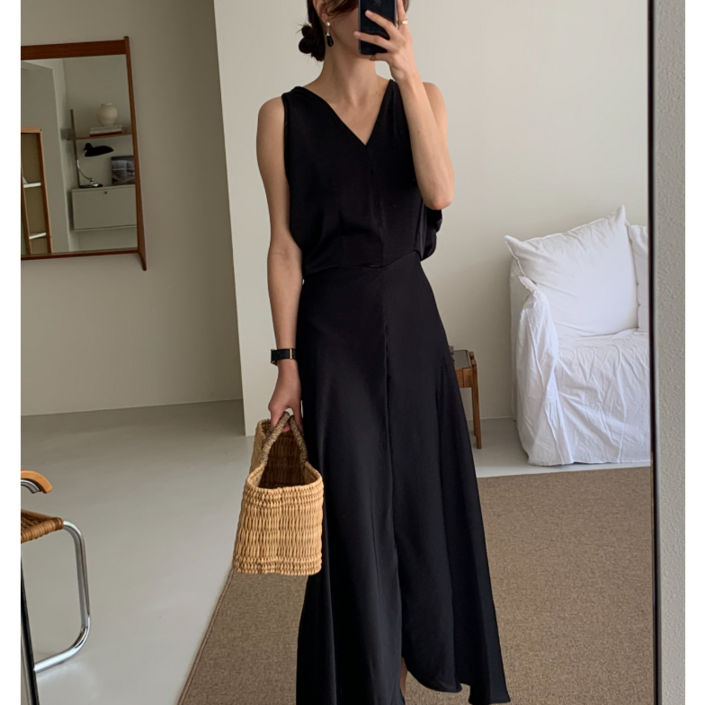 루어스룸 탄스 브이넥 나그랑 셔링 허리끈 롱 하객룩 원피스