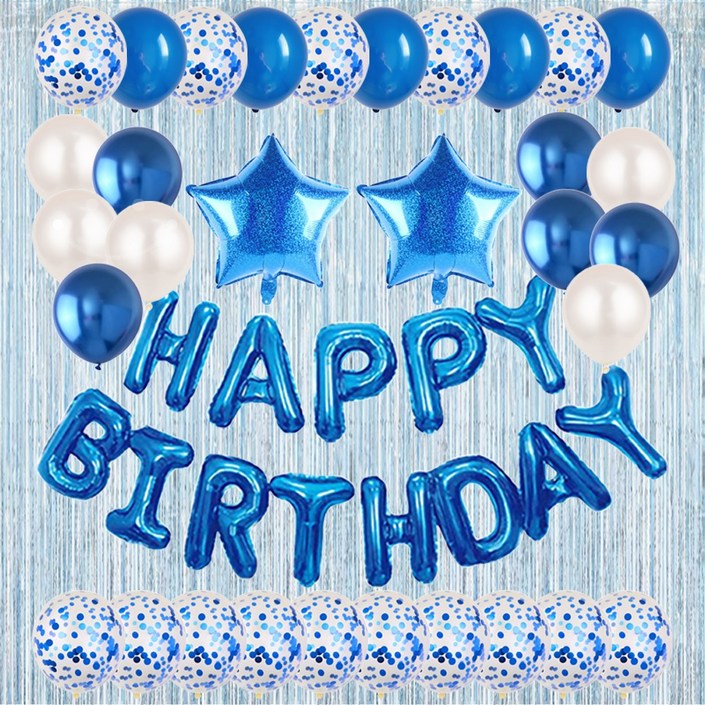 홀로그램 스타 생일축하 은박풍선 파티커튼 세트 에브리띵스마일 1214, 1세트, 블루 풍선 스카이블루 커튼