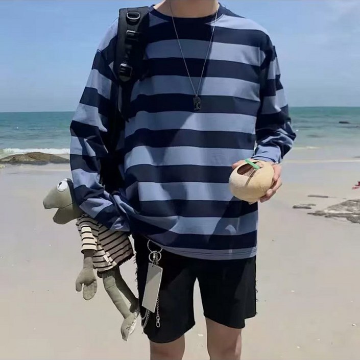 신상 라운드넥 맨투맨 스트라이프 오버핏 루즈핏 긴팔 티셔츠 슬림 베이직 슬림 긴팔 티 레트로 스트릿 풀오버
