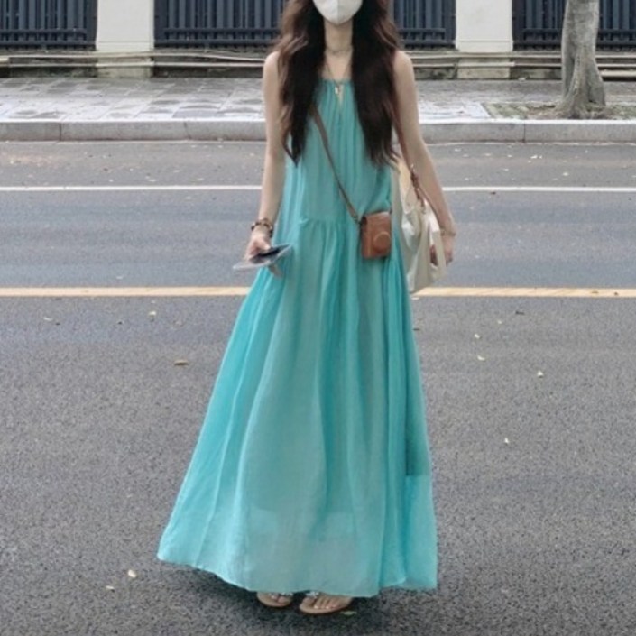 Kamoda 여름 여성 민소매 원피스 바캉스룩 롱 비치원피스