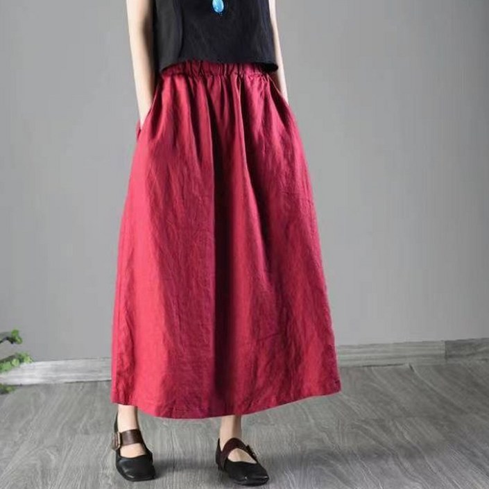 여름용 면 린넨 스커트 문예적 에스닉 빈티지 스타일 린넨 스커트 독특한 분위기 시원 통기성 여름철 루즈핏 A라인 자수 다양한 코디 매치 개성