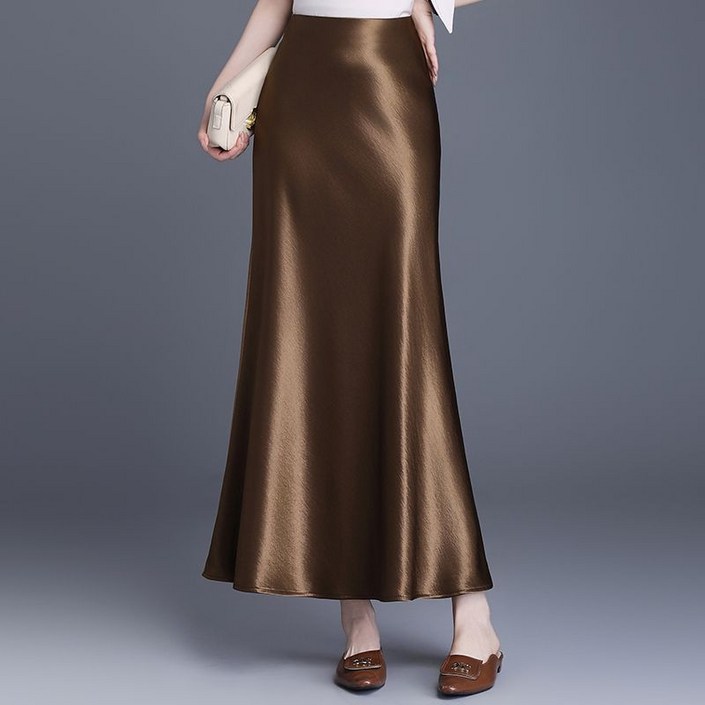 COSYEVNO 여성 새틴 머메이드 롱 스커트 미디 일자 힙업