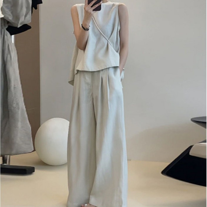 PETITBATH 여름 여성 모던 린넨 슬리브리스 투피스 세트 와이드 팬츠 뒷리본 릴렉스핏 데일리룩