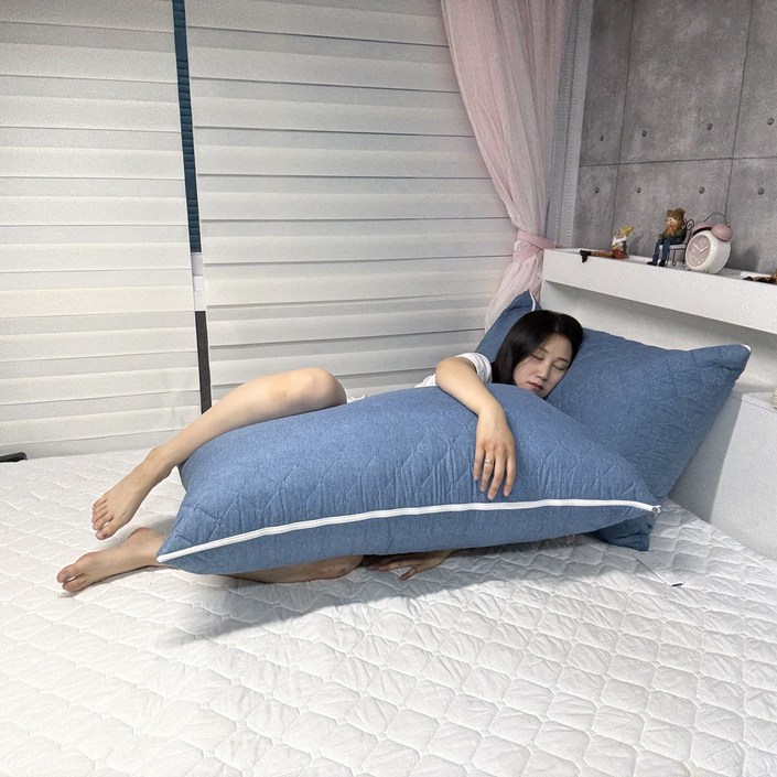 솜포함 커버 3종 빵빵한 누빔솜 발수 항균 대형 등받이 쿠션 필로우 허리 편한 침대 쇼파용 세미마이크로 110x60, 블루