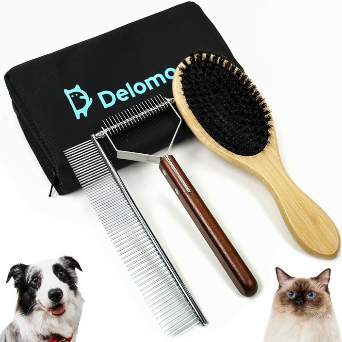 Delomo 반려동물 브러쉬 빗 엉킨털 죽은털 제거 브러쉬 돈모 브러쉬일자콤 브러쉬 3종세트수납 파우지, 1세트, 혼합색상