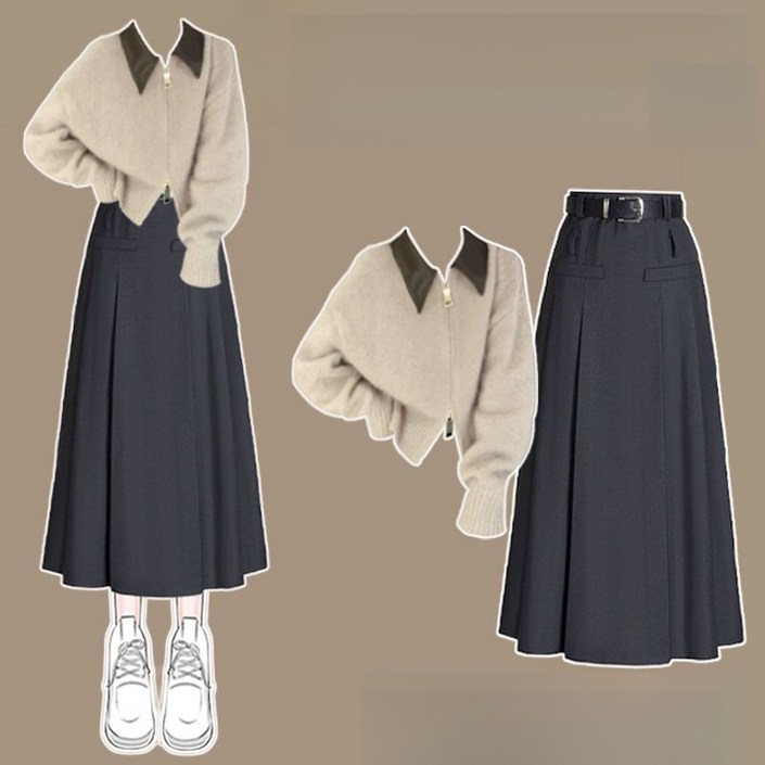 해피유통   빅사이즈 여성 봄 세트  패치 니트 스웨터  a라인 스커트 투피스  BJJ001