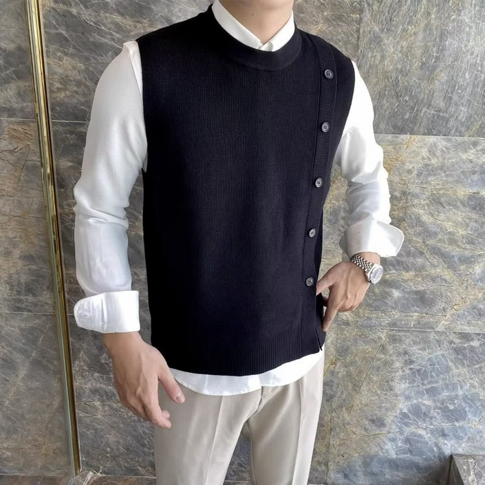 해피유통 추동 버튼 포인트 스웨터 조끼 남자 심플 솔리드 민소매 라운드 풀오버 니트 베스트 LWJ