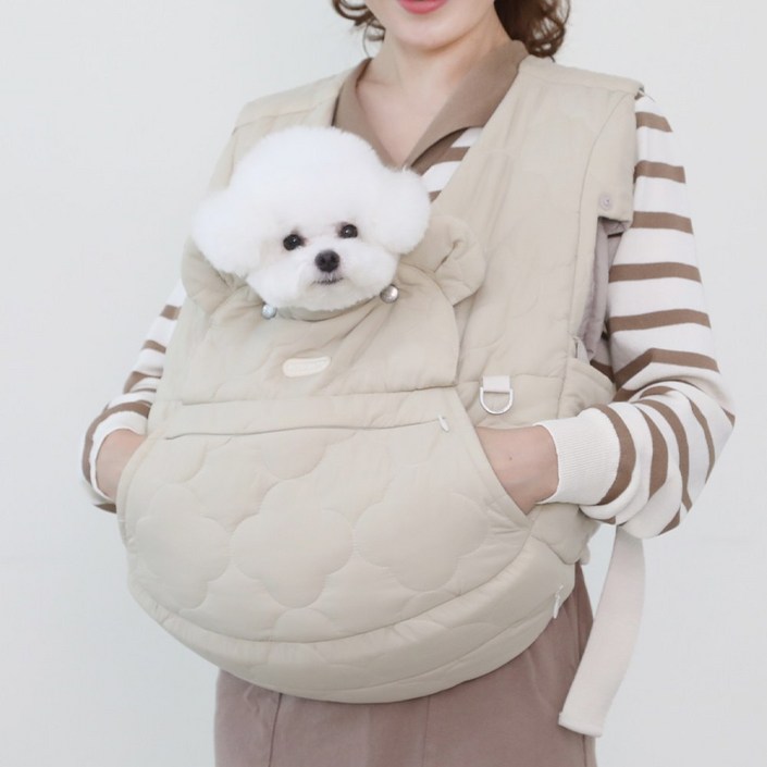 어깨편한 강아지앞가방 산책가방 포대기 국산제작, 베이지