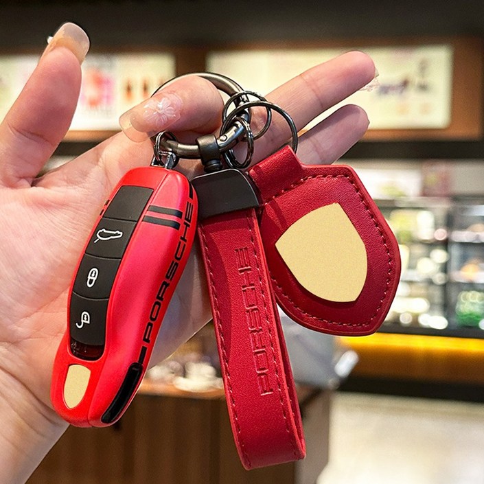 포르쉐 차 키케이스 키링 엠블럼 스트랩 세트, 구형포르쉐 키케이스방패키링스트랩, 자두레드