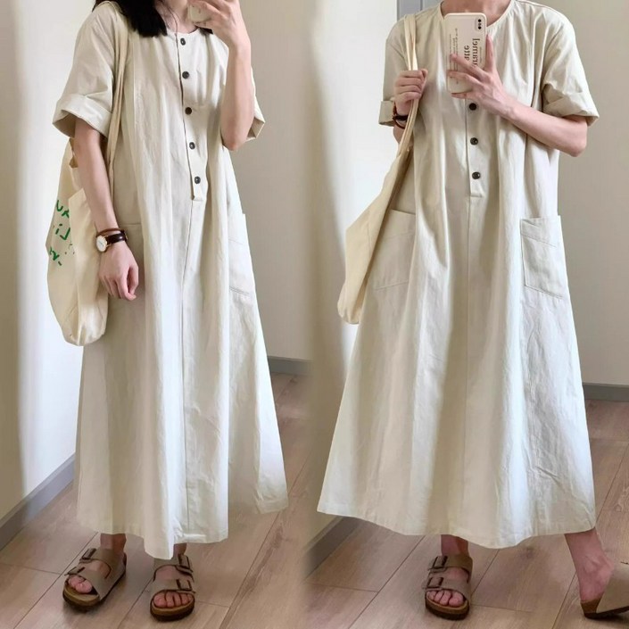 Asure 빅사이즈여성 라운드 셔츠원피스 루즈핏 빅포켓 롱원피스