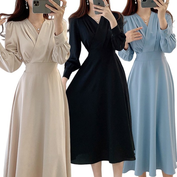 완전 추천 여성 브이넥 랩 플리츠 허리꼬임 퍼프 원피스 여름 편한 프렌치 모던 단아한 우아한 디자인 매력 심플 날씬해보이는 이쁜 롱 a라인 스커트 정장 하객룩 결혼식 원피스