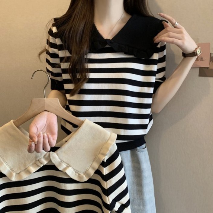 패션진리 프릴빅카라 양브이넥 단가라반팔니트티 여름 배색줄무늬 데일리상의 늦봄