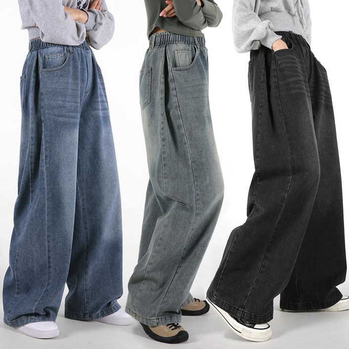 오버나인 여자 여성 숏 롱 기장 벌룬 와이드 사이드 핀턱 밴딩 데님 청바지