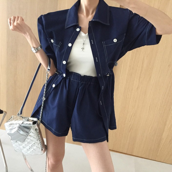 샌딩 스티치 카라 루즈핏 하프 벌룬 반팔 셔츠자켓 밴딩반바지 여름 투피스세트 (3color)