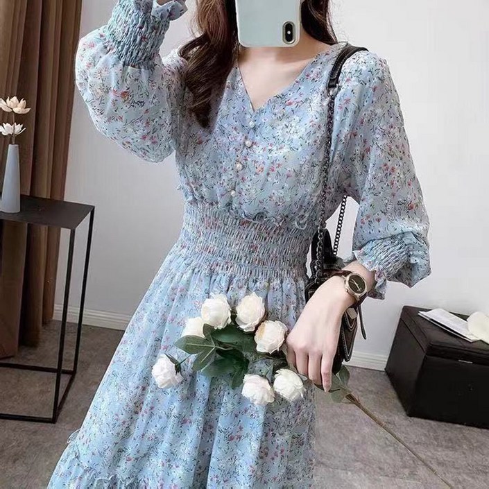 ANYOU 여성 쉬폰 원피스 봄가을 긴팔  밴딩 브이넥 분위기 플라워 롱원피스