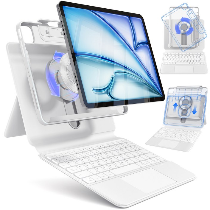 AITEWO 아이패드 매직키보드 케이스 펜슬 수납 360도회전 일체형 맥세이프 세로 가로 트랙패드 에어7/6/5/4/3/2/1세대 프로 11/10.9/13/12.9인치, 화이트, 에어7/6세대 13 프로6/5/4/3세대 12.9, 1개