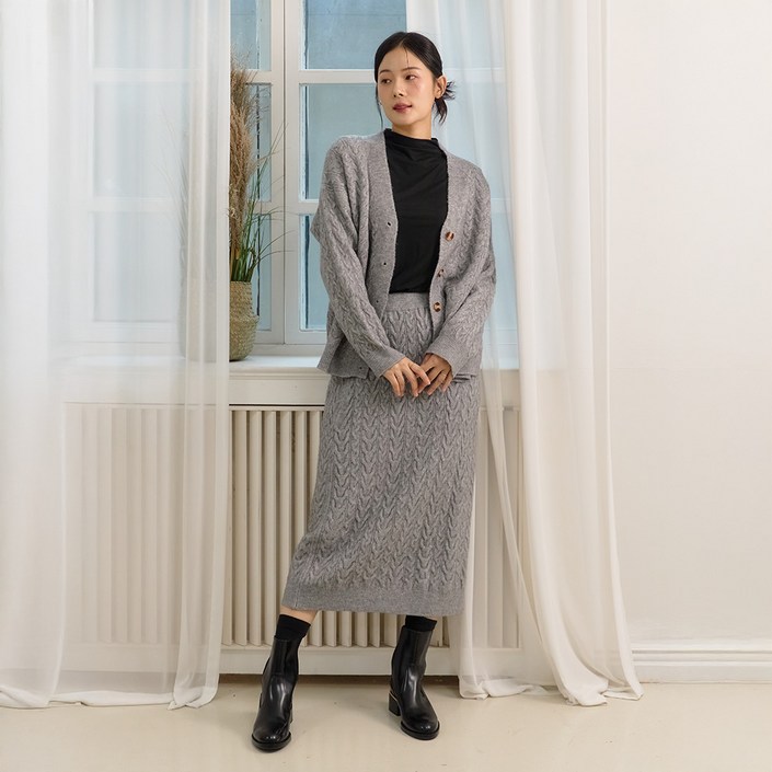 마일리로우 여성 코튼 케이블 스웨터 투피스 셋업 (가디건+스커트)