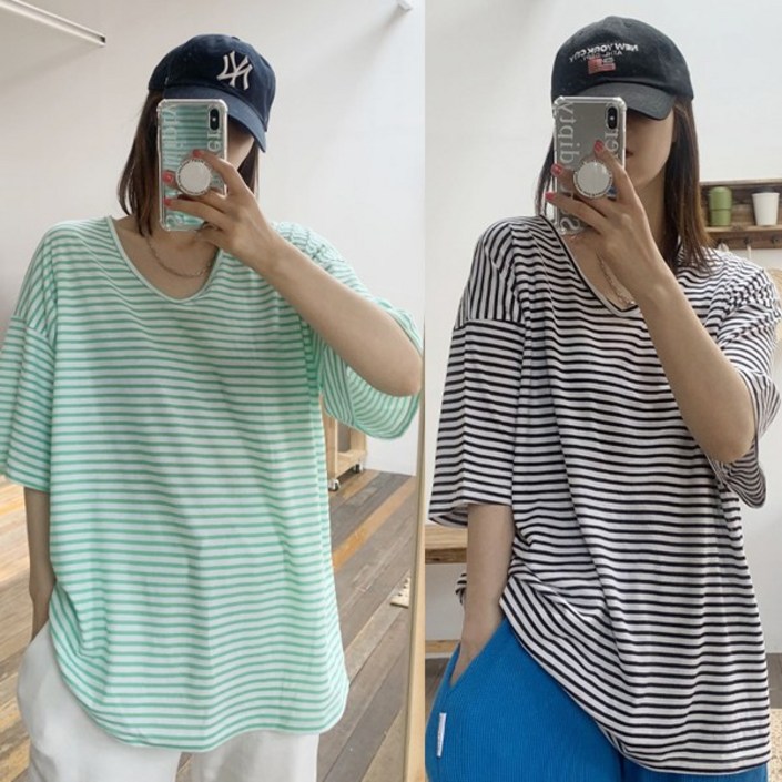 애플망고샵 1+1 여름 오버핏 럭키유넥 스트라이프 반팔 박스티셔츠
