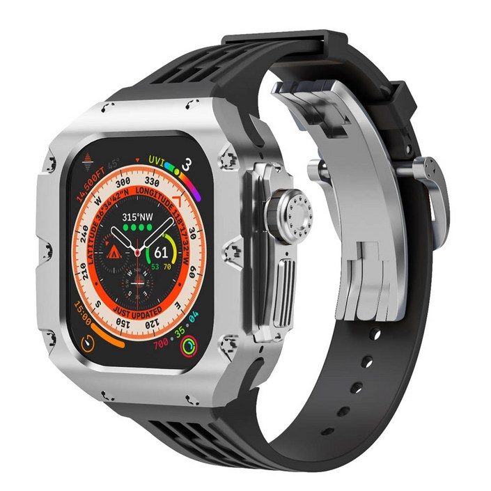 애차드밀 애플워치 호환 메탈 케이스 울트라 9 8 7 SE SE2 일체형 스트랩 명품 스테인리스 티타늄 밴드 줄질, 01.실버블랙