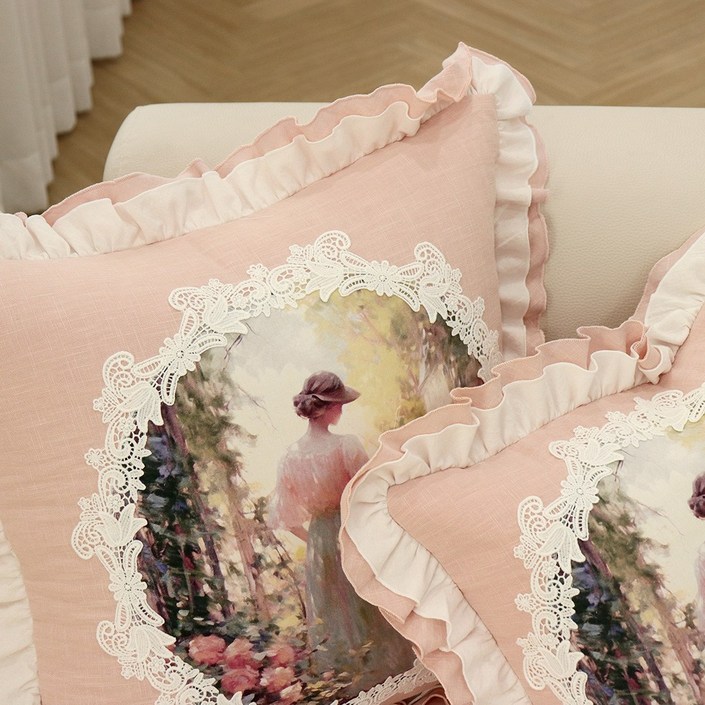 프로방스 린넨 프릴 고급 쇼파 거실 사각 쿠션 방석, 핑크