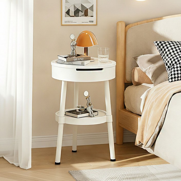 미니 사이드 테이블 협탁 2단 수납 거실 소파 침대  옆 크림 인테리어 테이블