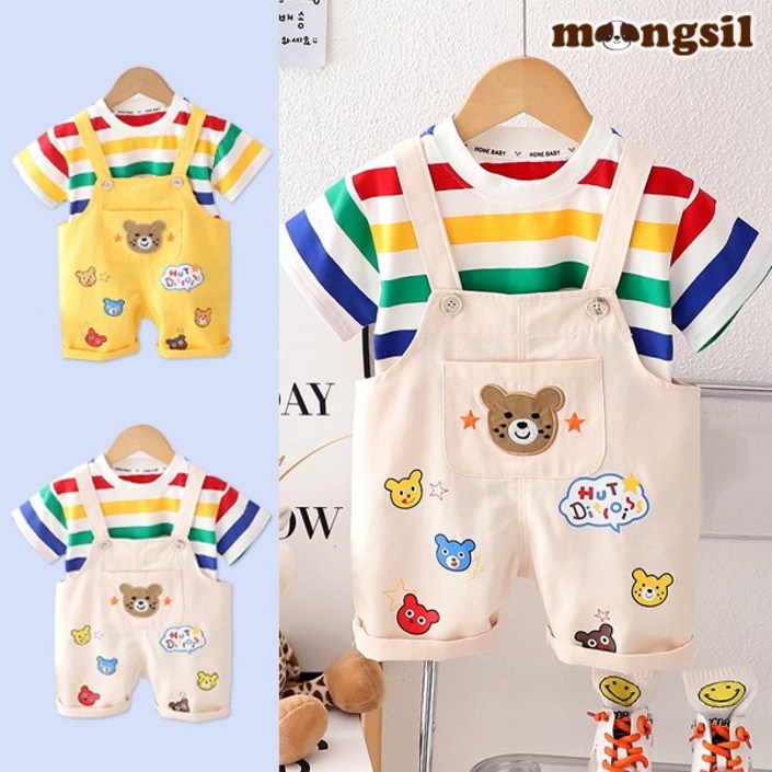 몽실이 무지개스트라이프 멜빵세트 여름 반팔 유아 아기 외출복 나들이룩