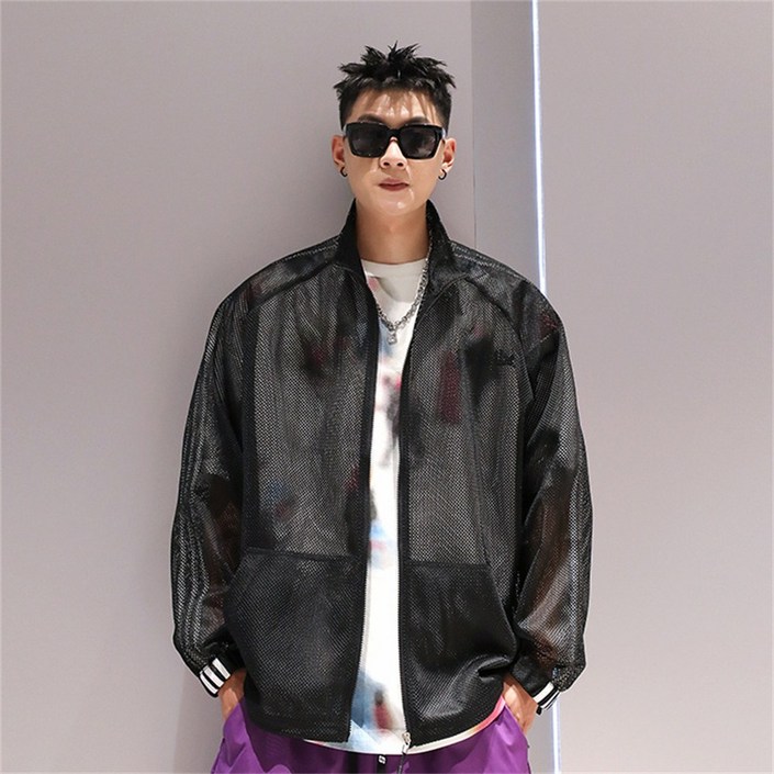 Vezri 남성용 봄 여름 오버사이즈 메쉬 펀칭  디자인으로 통기성 루즈핏 캐주얼 자외선 차단제 재킷 SKZ