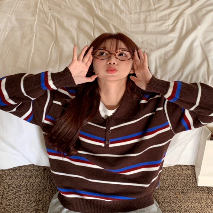 밸로아 럭비니트 여성 단가라 카라 스트라이프 오버핏 맨투맨