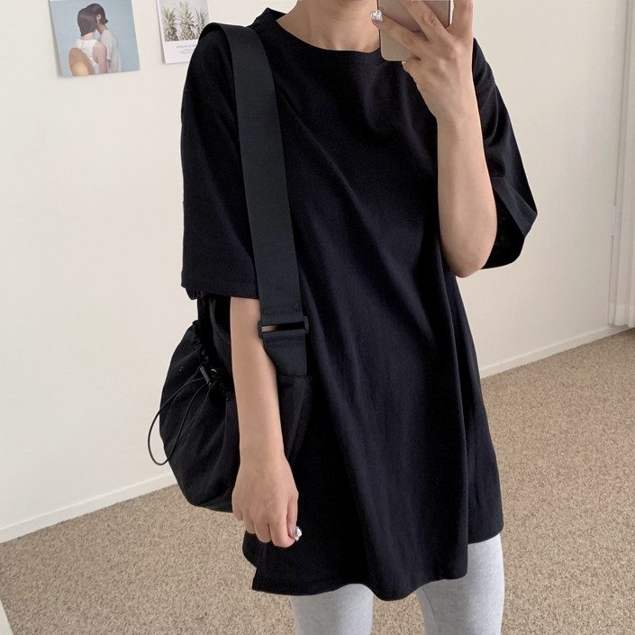 에이치스 데일리 코튼100 힙커버 롱 레이어드 기본 반팔티