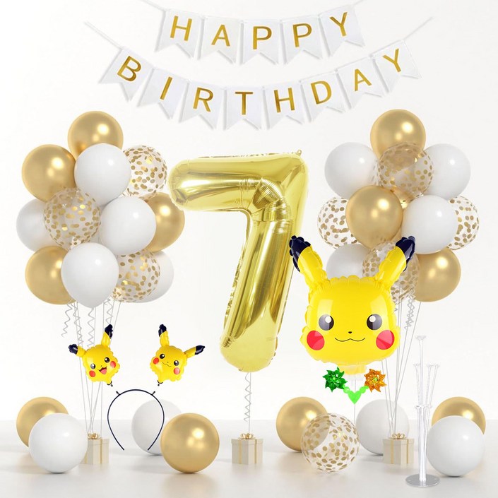 뷰라뷰 캐릭터 생일파티 풍선 세트, 포켓몬스터 피카츄 옐로우 숫자7, 1세트