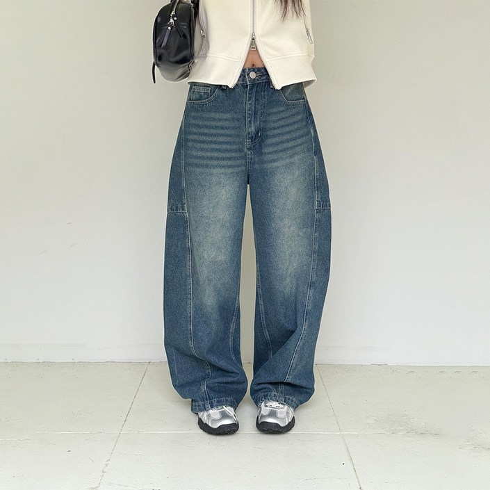 에미올 절개 디자인 빈티지 워싱 통 세미 와이드 레그 데님팬츠 EPJN006