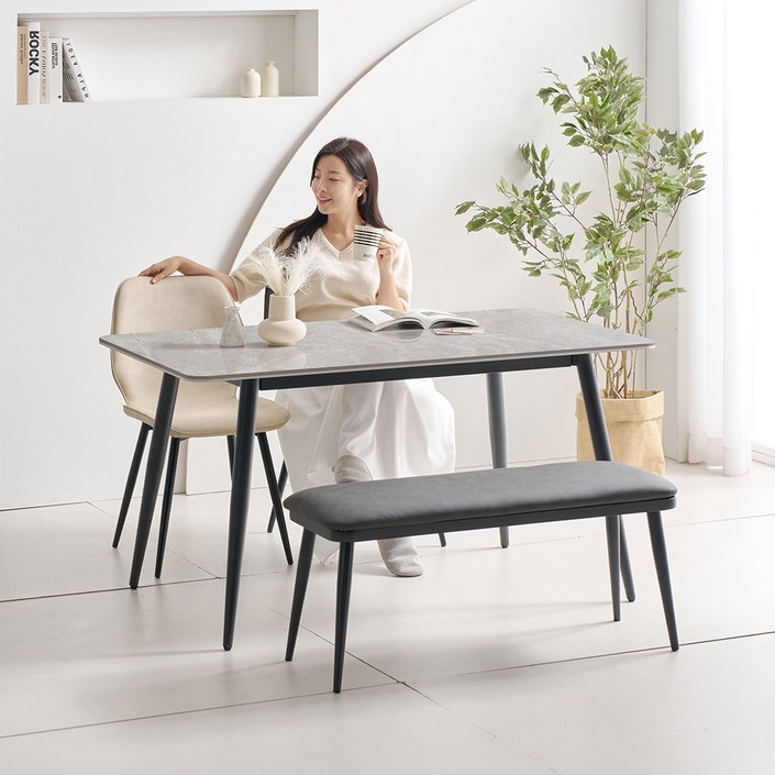 라로퍼니처 라네드 1400 양면 포세린 세라믹 4인 식탁 세트 화이트 그레이 상판, 상세 설명 참조, 구성아이보리 2벤치 1