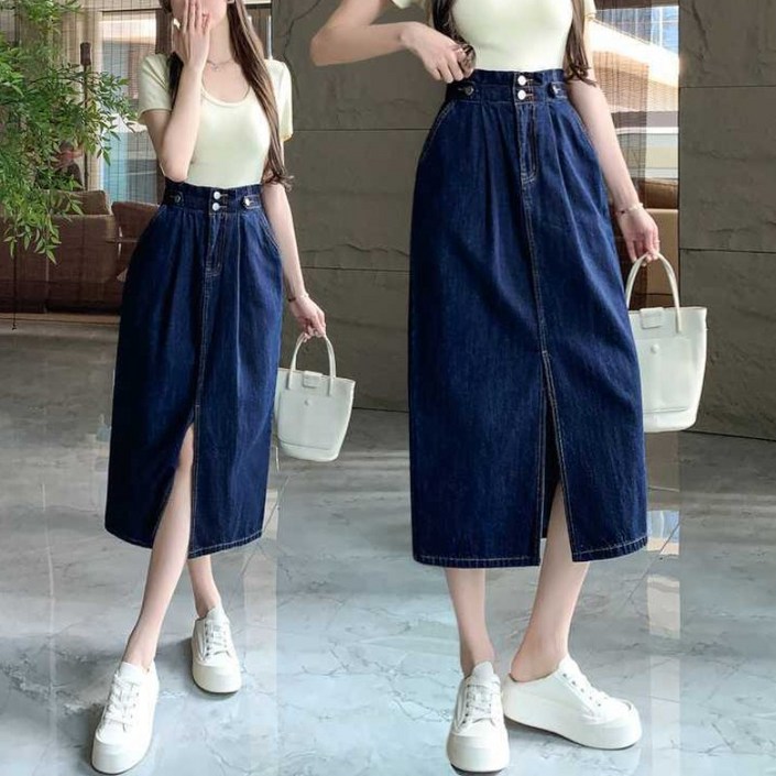 쁘띠꼬모 여성용 베이직 투버튼 앞트임 A라인 롱청스커트